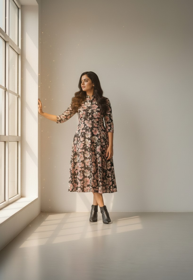 Black floral A-line dress