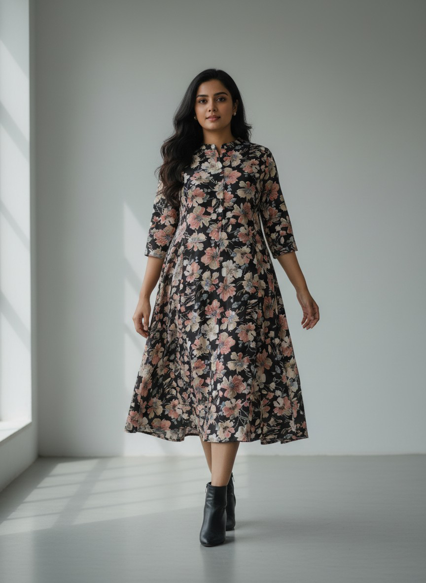 Black floral A-line dress