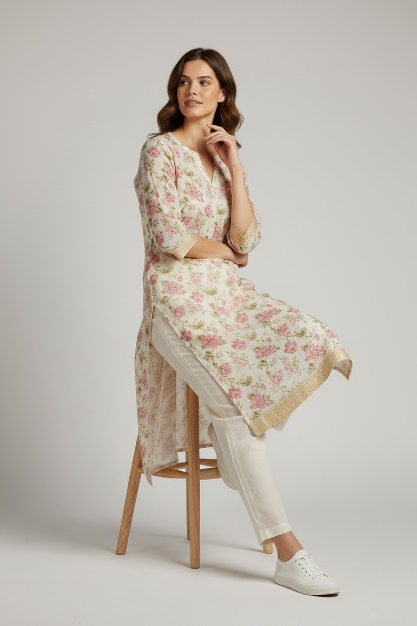 Traditional charm with floral onam kurthi handcrafted