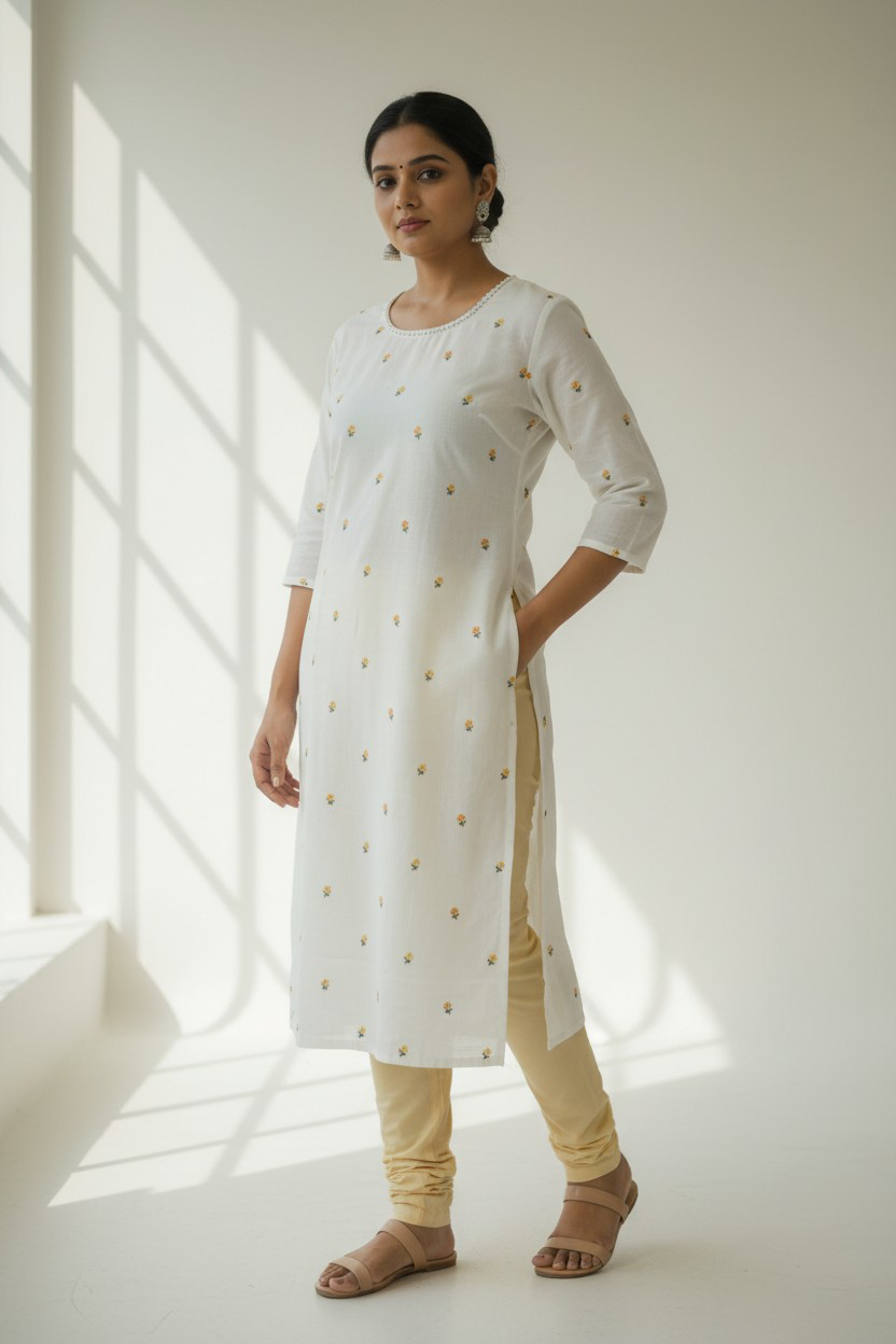 Pure cotton Oman kurtha highlighted with floral embroidery work.