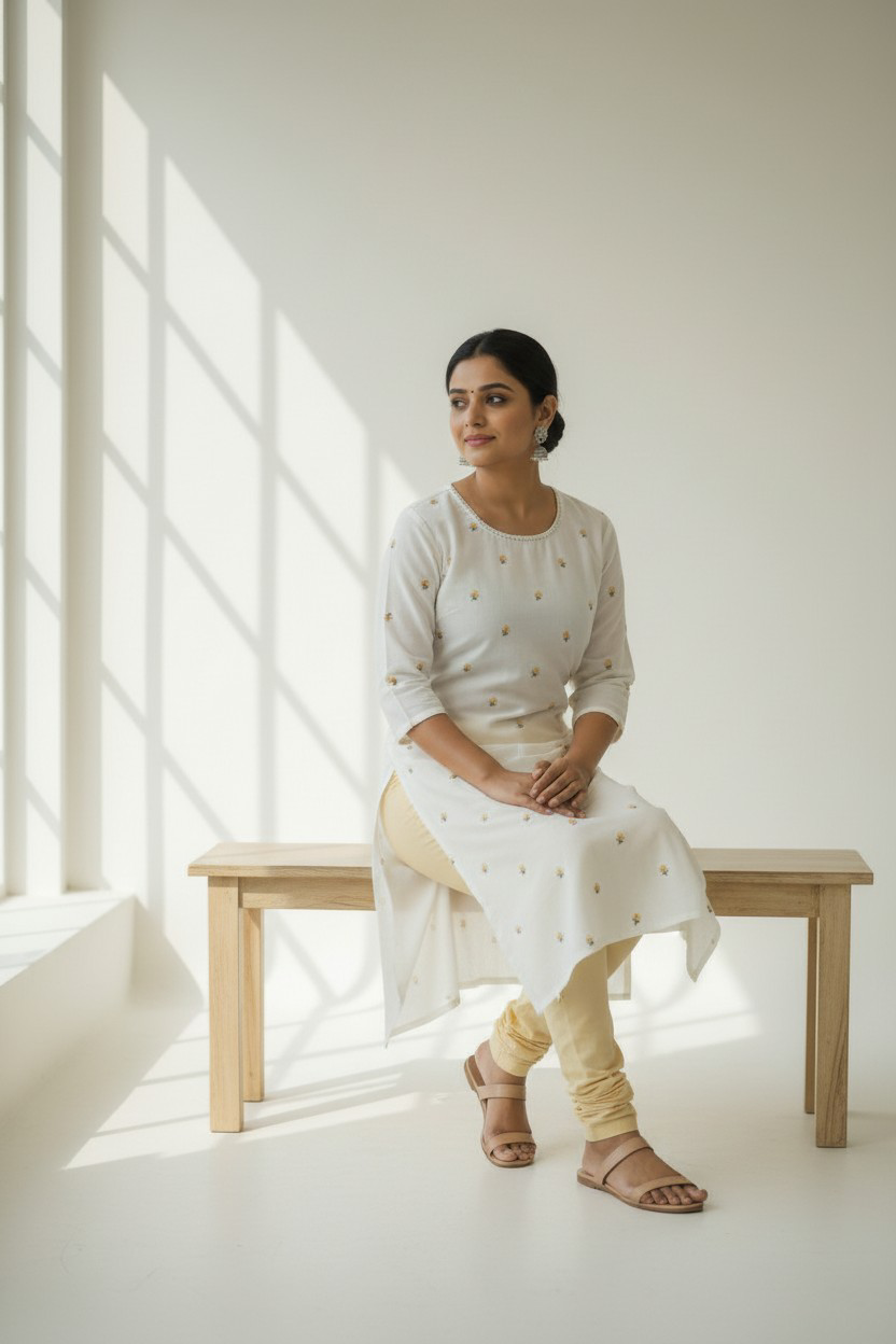 Pure cotton Oman kurtha highlighted with floral embroidery work.