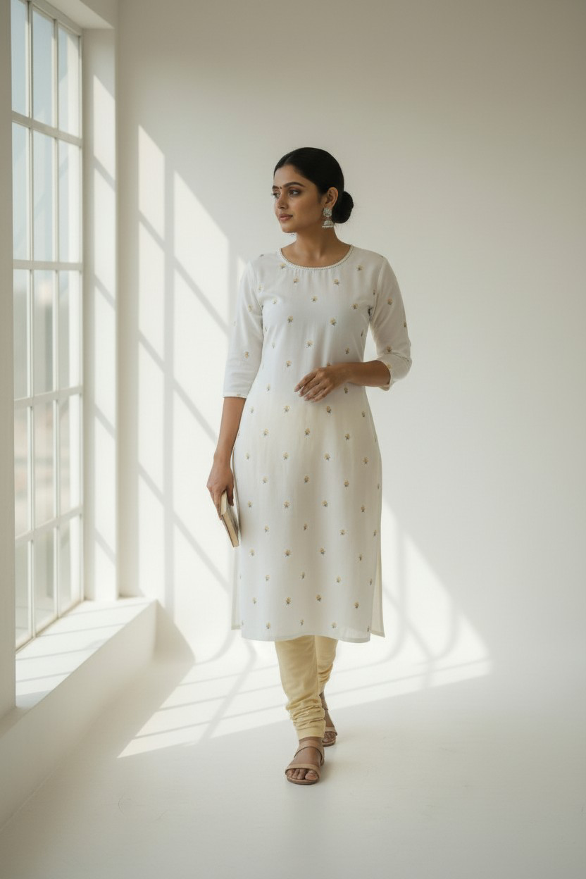 Pure cotton Oman kurtha highlighted with floral embroidery work.