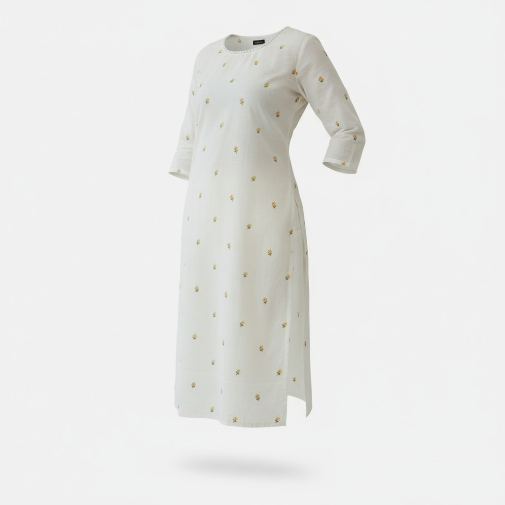 Pure cotton Oman kurtha highlighted with floral embroidery work.